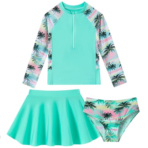 Image of Girls Rash Guard 3 Piece Swimsuit Set UPF 50+ Long Sleeve Swim Skirt Sets Size 6-12 Years