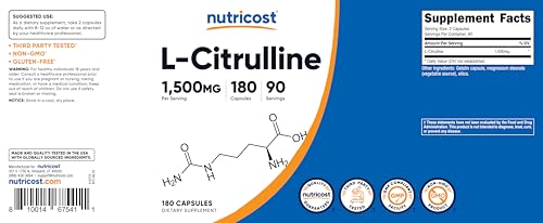 Image of Nutricost L-Citrulline 1500mg, 180 Capsules - 750mg Per Capsule, Gluten Free, Non-GMO, Packaging May Vary