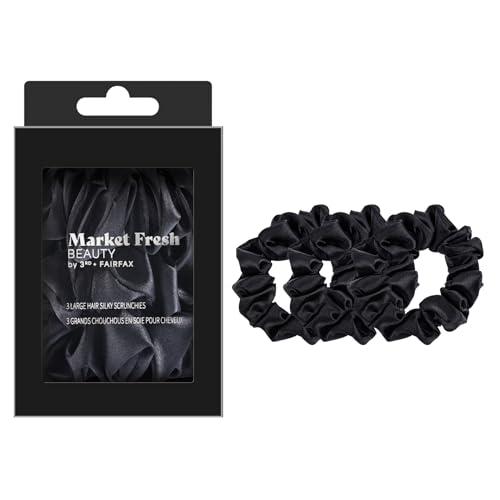 Market Fresh Beauty Mulberry Silk Hair Scrunchies, 3 Pack - Large Silk Scrunchies for All Hair Types, Prevents Hair Breakage & Crease-Free Styling - Luxurious Black