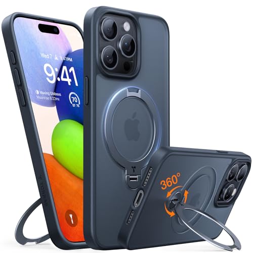 Image of TORRAS Q3 Spin for iPhone 15 Pro Case, 360 Magnetic Stand, Black | Compatible with MagSafe, Built-in Kickstand, 4X Military-Grade Shockproof Translucent Phone Case for 16 Pro