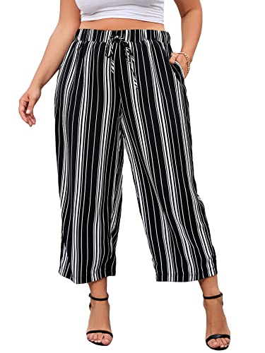 WDIRARA Women's Plus Size Striped Palazzo Pants High Waisted Wide Leg Cropped Trousers