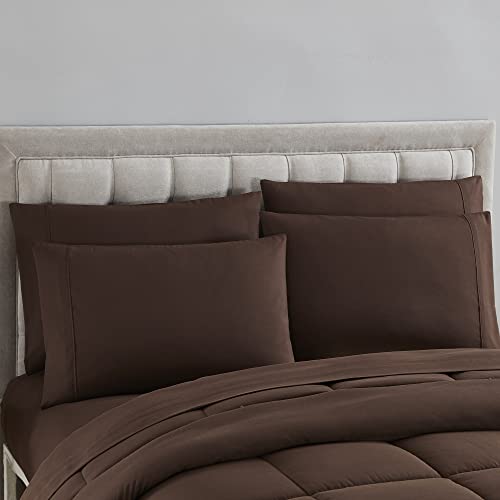 Sweet Home Collection 7 Piece Comforter Set Bag Solid Color All Season Soft Down Alternative Blanket & Luxurious Microfiber Bed Sheets, Brown, Twin Xl #TOP4
