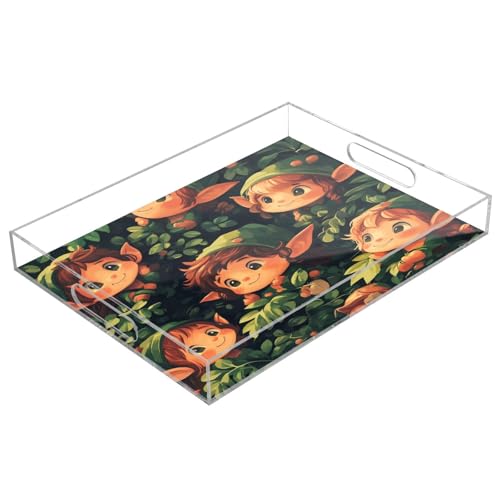 Msyxl Elves Pattern Serving Tray for Coffee Table, Decorative Acrylic Tray Elves Pattern Tray with with Handles for Breakfast, Ottoman, Countertop, 12x16 in