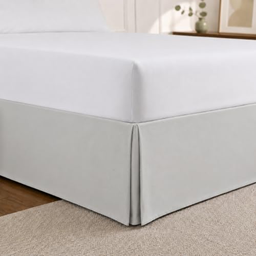 Light grey ruffled bed skirt with 14-inch drop on a queen box spring — showing the grey tone that hides dust between washes