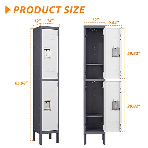 Image of Metal Storage Locker, Lockable Employees Metal Locker with 2 Doors, 65.98 inch Height Steel Locker for Home, Dressing Room, Office, Gym (Grey White)