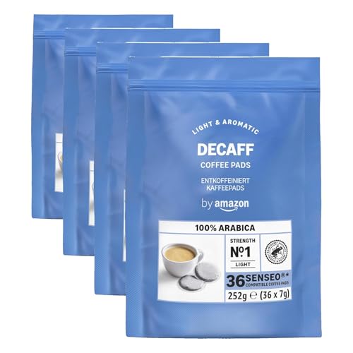by Amazon Monodosis de Café Descafeinado 100% Arábica, Aptas para Cafeteras Senseo, Tostado Medio, 36 Unidades (1 Paquete de 144), Certificadas por Rainforest Alliance