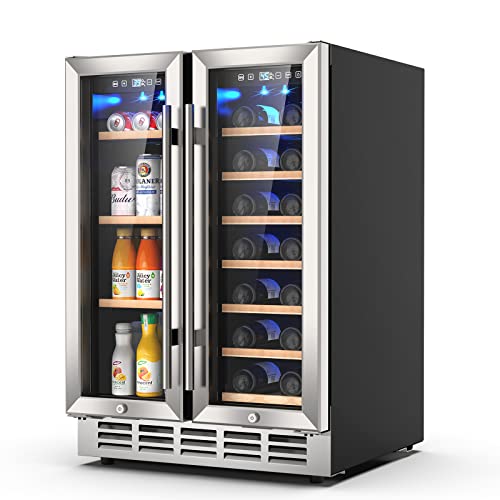 Wine and Beverage Refrigerator, 24 Inch Dual Zone Wine Fridge with 2 Safety Locks, Under Counter Wine Cooler Beer Fridge Built-In or Freestanding, Holds 20 Bottles and 57 Cans (Double Glass Door)