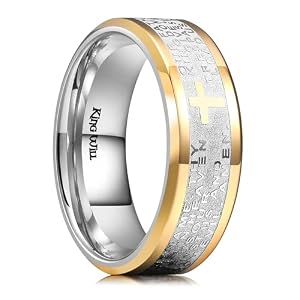 King Will Stainless Steel Men Ring Lord’s Prayer Cross Ring Stainless Steel Men Wedding Ring, Wedding Band Bible Engraved Rings High Polished, Comfort Fit