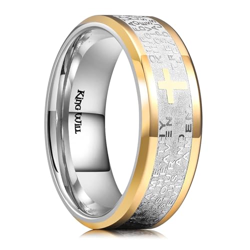 King Will Stainless Steel Men Ring Lord's Prayer Cross Ring Stainless Steel Men Wedding Ring, Wedding Band Bible Engraved Rings High Polished, Comfort Fit