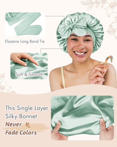 Image of BONNET QUEEN Small Double Layer Silk Bonnet for Sleeping for Women Satin Bonnet Night Cap for Short Thin Hair with Tie Band,Sage Green