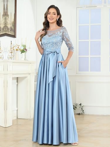 BANTRATIC Women's Floor Length Mother of The Bride Dress for Wedding Satin Lace Formal Evening Prom Gowns with Pockets Belt3