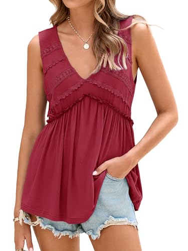 Glamaker Women Summer Tank Tops Babydoll Beach Lace Peplum Tops Spring Flowy Sleeveless V Neck Casual Maternity Tunic Shirts (Wine Red XL)