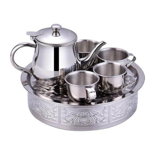 Pequeño juego de té de acero inoxidable. El juego de té para niños incluye una tetera de 330 ml de largo pico (con pantalla de filtro), 4 tazas de 70 ml y una bandeja. Regalo perfecto para su hijo