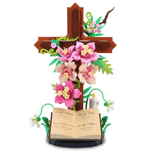 HUNKING Jesus Cross Flower Building Set, Easter Cross Flower Religious Decorative Item, Catholic Christian Easter Gift, Adult Women's Birthday Gift for Age 18+