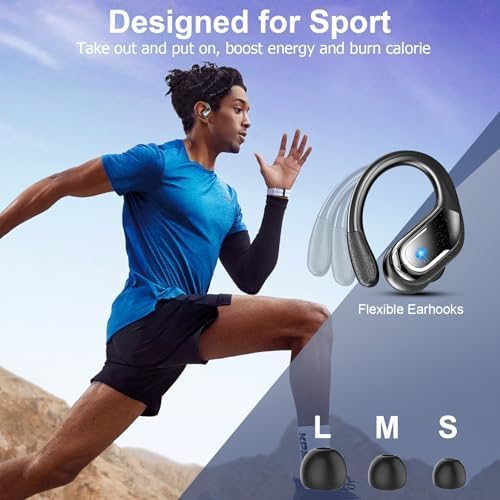 Image of a man running with Ltinist BX29 earbuds, demonstrating the secure fit provided by the flexible ear hooks, with an inset showing different ear tip sizes (S, M, L).