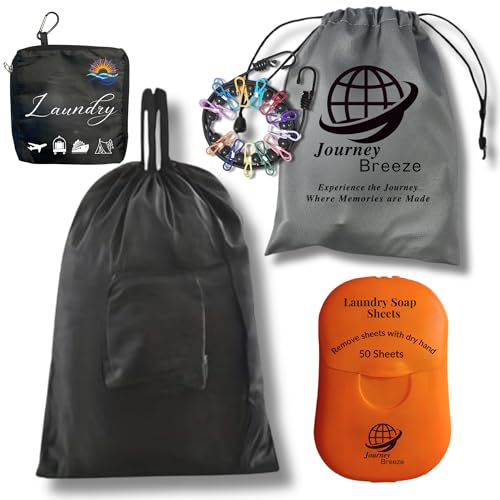 Travel Laundry Detergent Sheets + Portable Clothesline + Foldable Laundry Bag - Great for Cruises, Camping, Glamping, Backpacking, Dorms, Hotel and Other Travel