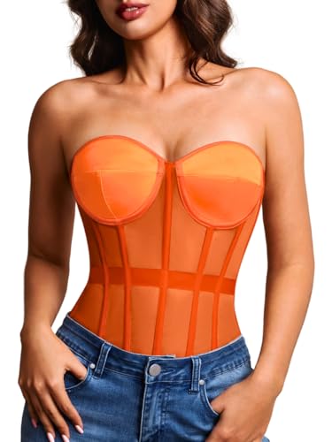Image of Kaei&Shi Sheer Mesh Overbust Corset,Sexy Strapless Lace Up Satin Bra Corsets Top For Women Shapewear