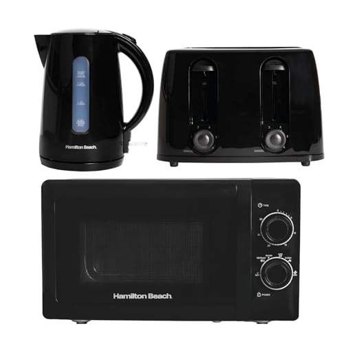 Hamilton Beach Kettle Toaster Microwave Set, Essentials, Electric Kettle, 1.7L, Toaster 2 Slice, Microwave Oven, 20L, Stainless Steel Cavity, Kitchen Set, Black - HBESSB4SSC