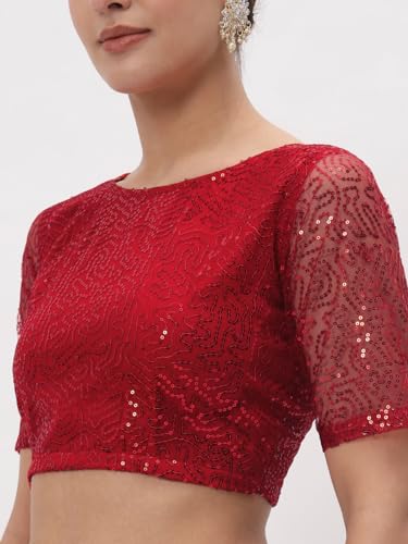 Image of studio rasa Women's Net Sequin Embroidered Sheer Sleeves Readymade Saree Blouse for Wedding Festive Party