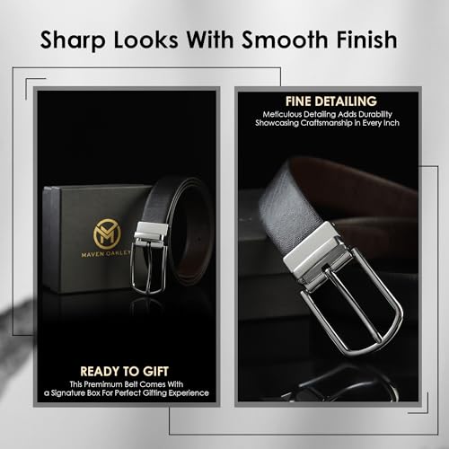 Image of Belts for Men Leather Original, Reversible Black & Brown Formal & Casual Italian Leather Belt with Solid Metal Curved Buckle