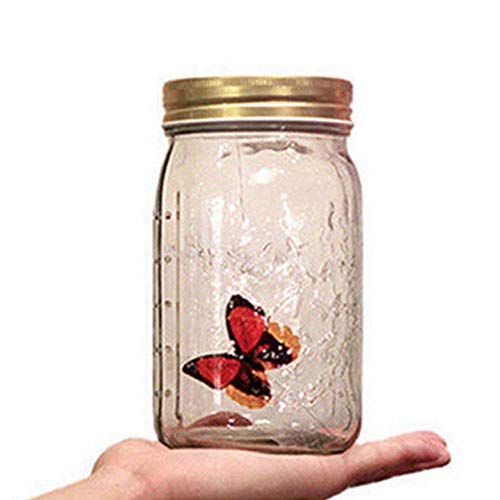 Image of Xfaiz Glass Animated Butterfly Jar with LED Light - Romantic Gift Decoration (Red)