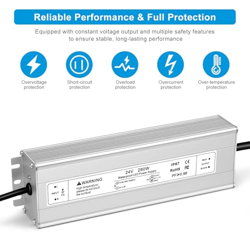 Image of 24V 280W LED Power Supply, IP67 Waterproof LED Driver, AC 110V to DC 24 Volt 11.7A Converter, Outdoor Low Voltage Transformer for LED Strip Light, Landscape Lighting, 3-Prong Plug with 3.3 FT Cable