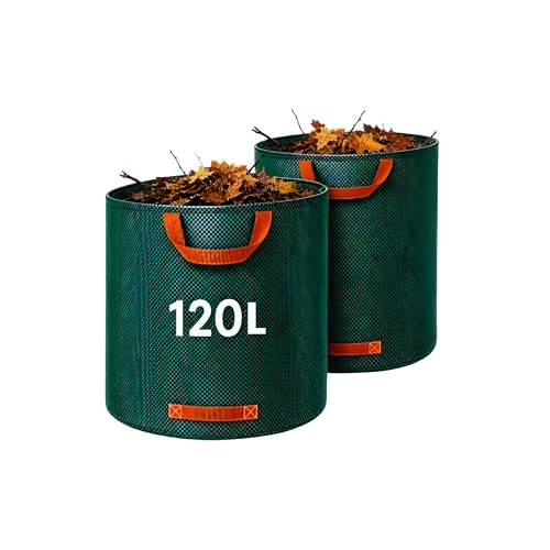 Image of 2 x / 120 Litre Garden Waste Bags Heavy Duty 2 Pack Reusable Garden Sacks with Handles - Industrial Fabric for Leaves Trash Debris - Waterproof Rubbish Bags For Plants, Grass & Leaves