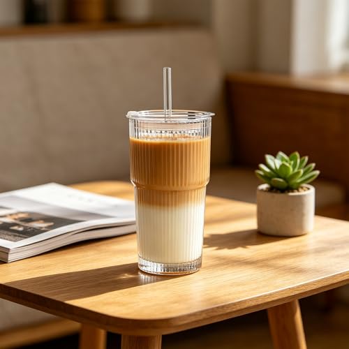 MOFXWHE Szklane kubki o pojemności 600 ml, z pokrywką i słomką, przezroczyste szklane kubki na wodę, smoothie ze szkła, kubki do kawy lodowej, szklanki do long drinków, szklanki do kawy, herbaty, soku