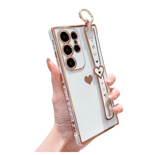 DEFBSC Capa compatível com Samsung Galaxy S25 Ultra, capa galvanizada de coração amor com alça de pulso, proteção total da câmera com cantos reforçados, à prova de choque, capa de TPU macio, branca