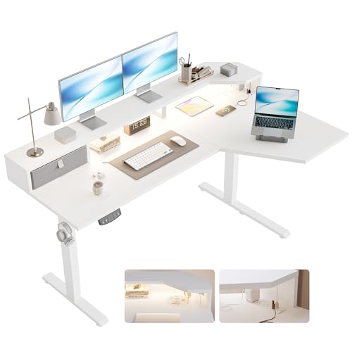 Image of Agilestic 63 Inch L Shaped Electric Standing Desk with Shelf, Height Adjustable Large Desk with Power Outlet & LED, Corner Sit Stand Up Table with Monitor Stand, Computer Workstation, White