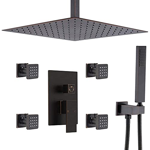 Backnets Shower System,16 inch Ceiling Mount High Pressure Shower Head System with 4pcs Body Sprays, Bathroom Shower Fixtures Rain Mixer Shower Combo, Shower Faucet System(Oil Rubbed Bronze)