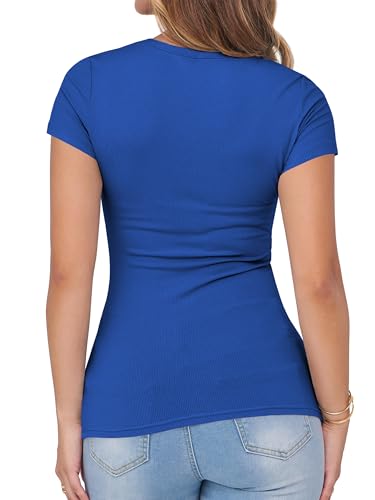 Image of Albe Rita Women Short Sleeve T-Shirt Cap V Neck Shirts for Women Ribbed Casual Top Knit Slim Fit for Summer