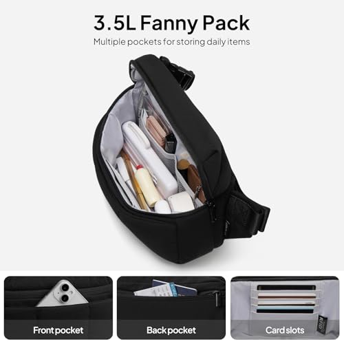 Image of TOPEAST Waist Pack 3.5L Fanny Packs with Water Bottle Holder, Large Capacity Travel Belt Purse Anti-Theft RFID Blocking, Black Fluffy Crossbody Sling Bag for Hiking Walking