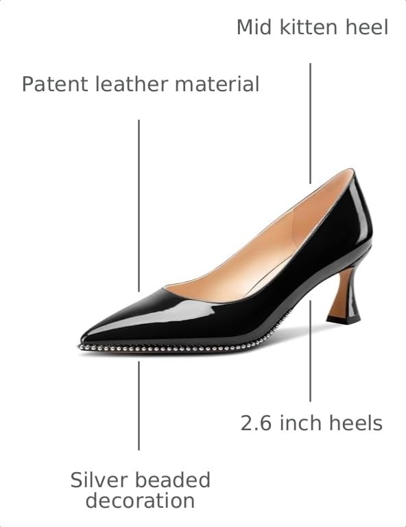 Image of TNYNFBEB Womens Mid Kitten Heel Pointed Toe Pumps Slip-on Silver Beaded Prom Party Dress Patent Leather 2.6 Inches Heels