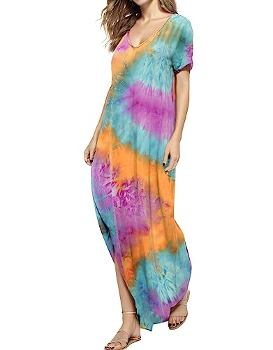Image of Match Women's V-Neck Casual Loose Short Sleeve Long T-Shirt Dress Split Maxi Dress with Side Pocket