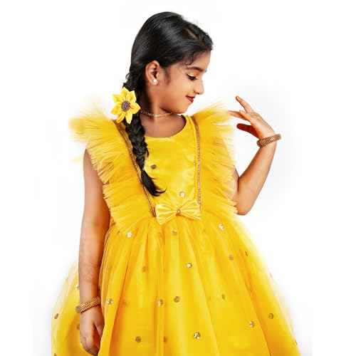 Image of Stanwells Kids Dress for Girls Bow Shade Sequins Embroider Knee Length Frock for Baby Girls Silk Birthday Perfect Dress Frock