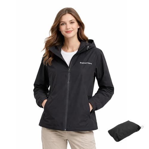 SHDR SHEPHERD DIARIES Women's Lightweight Packable Waterproof Rain Jacket with Hood, Breathable Mesh Lining, Seam-Taped Raincoat for Travel (US, Alpha, X-Large, Regular, Regular, Black)