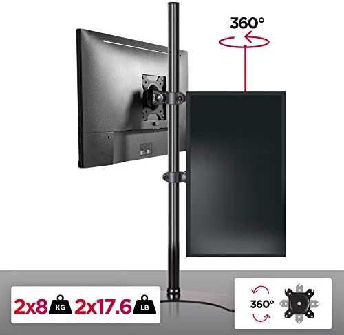 Duronic Dual Screen Monitor Stand DM15D2V2, Freestanding Vertical PC Desk Mount, For Two 13-32 Inch Screens, VESA 75/100, 8kg/17.6lb Per Screen, Adjustable Height, Tilt -15°/+15°, Rotate 360°