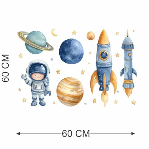 Image of Space Theme Wall Sticker for Kids Room | Astronaut, Rocket & Planet Self Adhesive Wall Decal | Peel & Stick Nursery, Bedroom & Playroom Decoration