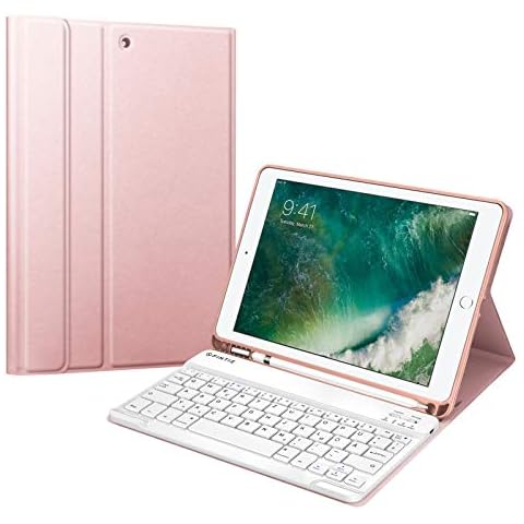 Fintie Tastatur Hülle für iPad 9.7 2018 (6. Generation), Soft TPU Rückseite Gehäuse Keyboard Case mit eingebautem Pencil Halter, magnetisch Abnehmbarer QWERTZ Bluetooth Tastatur, Roségold Cover