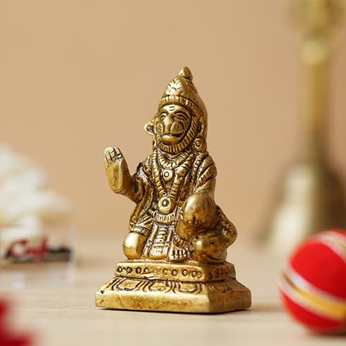 Image of eCraftIndia Golden Brass Hanuman Ji Murti Statue | Blessing Lord Hanuman Idol for Home Temple Pooja Mandir Car Dashboard | Gift for Housewarming Birthday