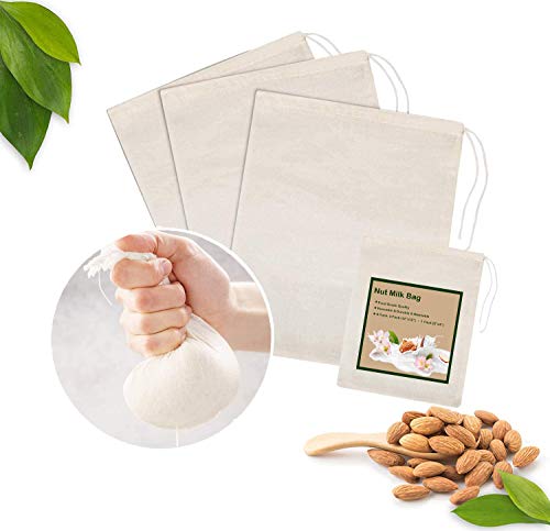4 Pack Nut Milk Bag for Straining Fine Mesh Grade Reusable Cheesecloth Bags Strainers Unbleached Organic Cotton Filter Bags for Almond Milk Juices ColdBrew Cheese Tea Yogurt Coffee