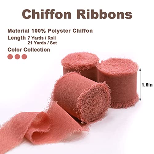 3 Rolls Rust Red Handmade Fringe Chiffon Ribbon 1.5" X 7Yd Yard Silk-Like Ribbon Colorful Rustic Ribbon For Bouquets Wrapping Decor Wedding Tie Invitations Crafts #TOP1