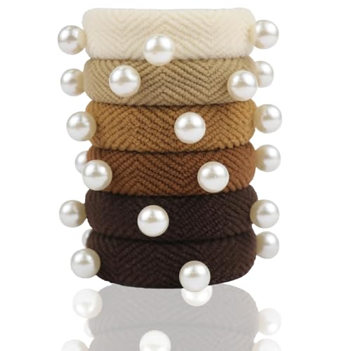 VI-FA Thick Seamless Pony Holders with Pearls, Rubber Elastic Hair Bands for Thick or Curly Hair, Textured Hair Ties for Women and Girls, 6pcs (Brown)