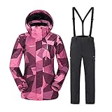 CXJC Damen Skianzüge Skijacke+ Skihose Warmhalten Verdickte wasserdichte Winddicht Atmungs Kälteschutz Zweiteilig Hosenträger Skihose Mit Kapuze Outdoor Muster,A-M