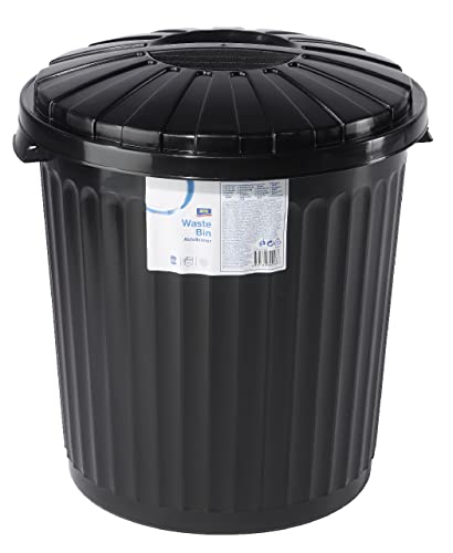 Il bidone per rifiuti aro, è in plastica, è color nero, ha un coperchio ed ha una capacità massima di 43 litri.