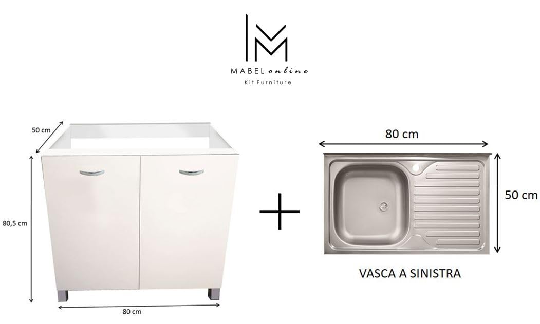 MABEL Mobile Sottolavello Cucina Bianco Organizer in Legno Nobilitato con Lavello da Appoggio in Acciaio Vasca a Sinistra con Gocciolatoio - L 80 cm x P 50 cm x H 83,5 cm
