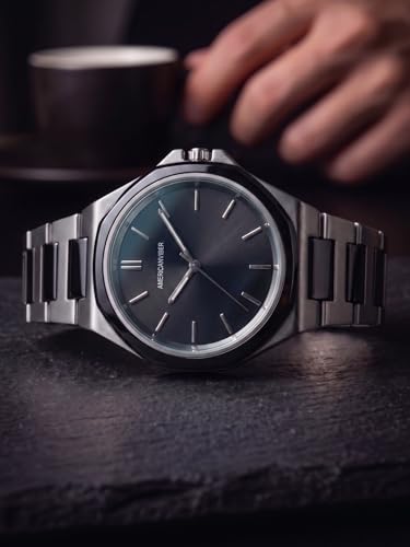 Image of AMERICANVIBER Modern Analog Watch, Silver and Black Two-Tone Stainless Steel Band, Octagonal Case, White Dial for Men