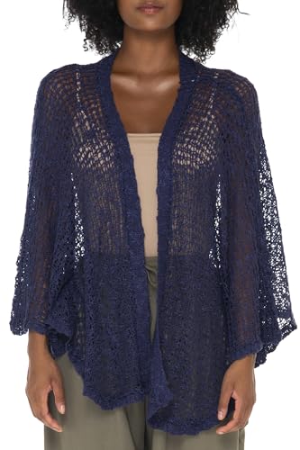 SHU-SHI Lightweight Open Front Cardigan for Women Hollow Out Sweater Knitted Poncho Batwing Loose Popcorn Shawl Boho Wrap Blue