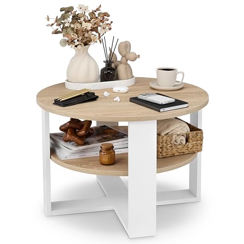 defiPad Table Basse Ronde Ø70 cm – Table d’appoint Bout de canapé avec étagère, 2 Niveaux,...